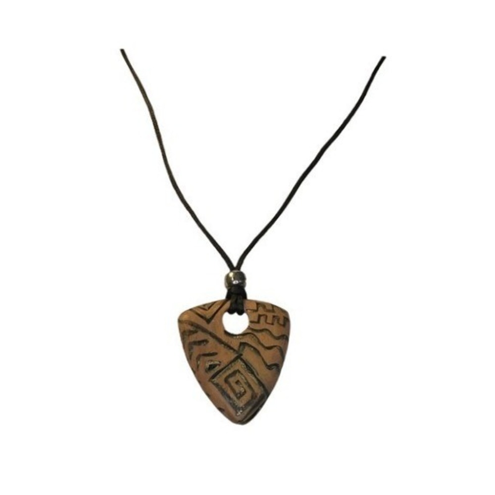 Vintage Natural Wood Pendent Corded Necklace Silver Tone Bead Black Cord